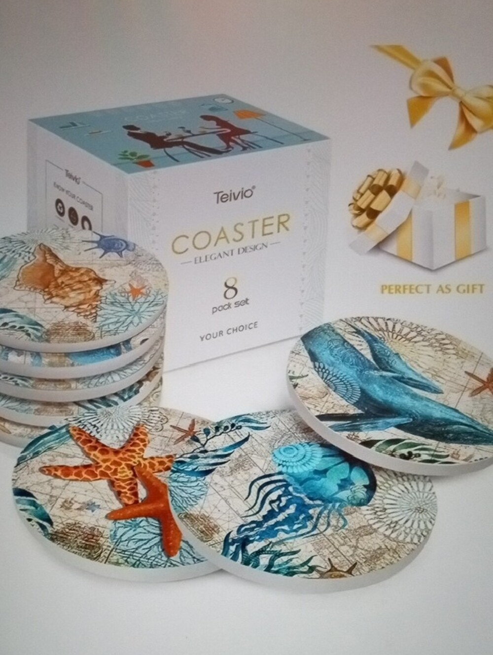 Coastal Sea Life Ceramic Drink Coaster 8-Pack Set with Holder